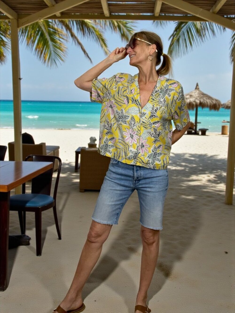 Marine Layer Lucy Resort Shirt L Bamboo Floral Yellow Boxy - Picture 1 of 15